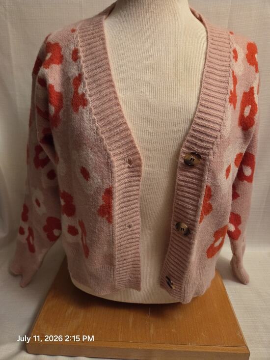 RedBeany Sweaters - RedBerry Women's S/M Pink Floral Knit Button Cardigan Sweater V-Neck Long Sleeve